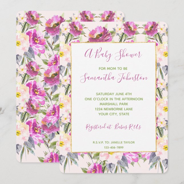 Invitation Roses roses roses Baby shower Floral (Devant / Derrière)