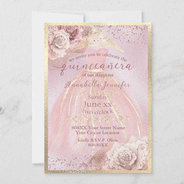 Invitation Roses roses roses blanches et Quinceañera or (Devant)