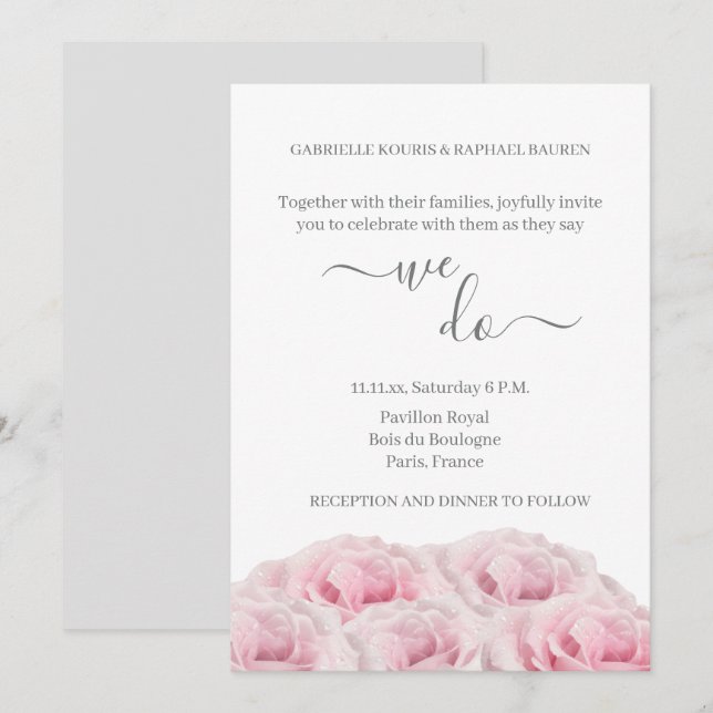 Invitation Roses Roses Roses Blanches Gris Floral Élégant Nou (Devant / Derrière)