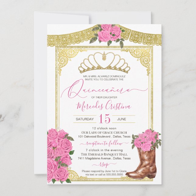 Invitation Roses roses roses et botte florale or Charro Quinc (Devant)