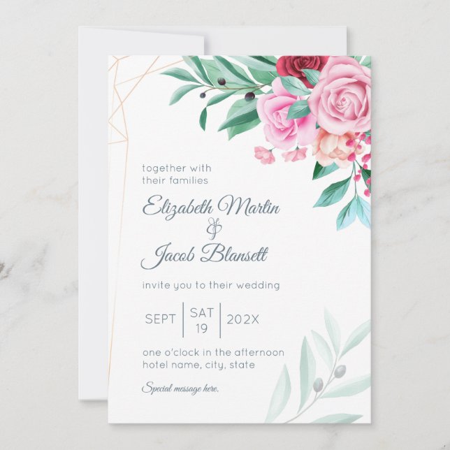 Invitation Roses roses roses et Eucalyptus Mariages florales  (Devant)