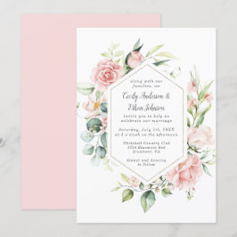 Invitation Roses roses roses et Eucalyptus Or cadre géométriq