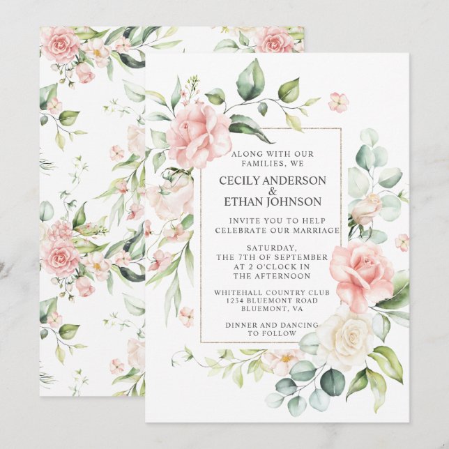 Invitation Roses roses roses et Mariage floral à cadre d'Euca (Devant / Derrière)