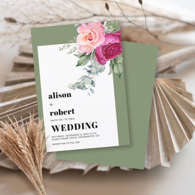 Invitation Roses roses roses et mariage vert d'eucalyptus (Créateur téléchargé)