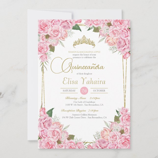 Invitation Roses roses roses et or Tiara Floral Quinceanera (Devant)