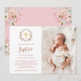 Invitation Roses roses roses et script or Rose Photo Baptêm