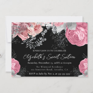 Invitation Roses Roses Roses Fête des Seize Ans Rose et Argen