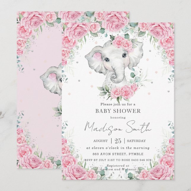 Invitation Roses roses roses Floral Cute Elephant Baby shower (Devant / Derrière)