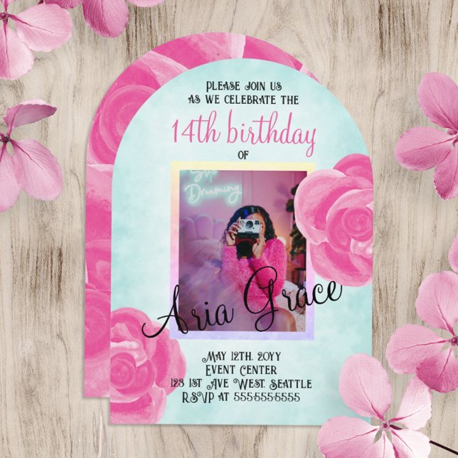 Invitation Roses Roses Roses Gros, Fête d'Anniversaire Turquo (turquoise and hot pink rose birthday party invitation for teen girl, young woman. Cute photo invite.)