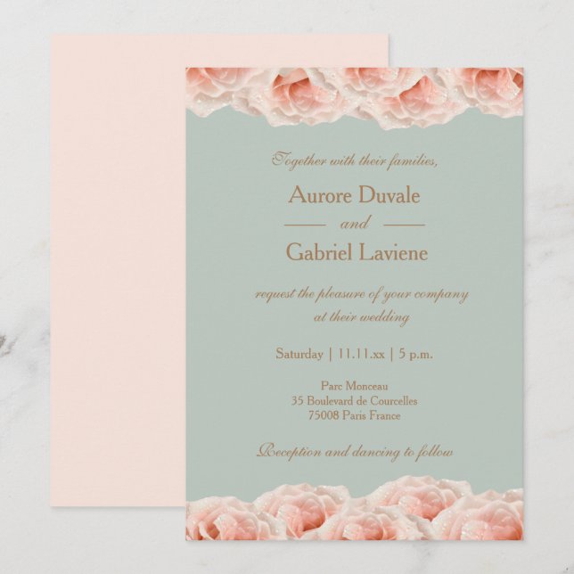 Invitation Roses Roses Roses Rose Flore Sage Or Mariage éléga (Devant / Derrière)