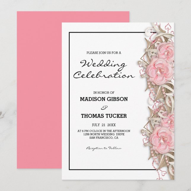 Invitation Roses Roses Roses Roses Et Mariage Parties scintil (Devant / Derrière)