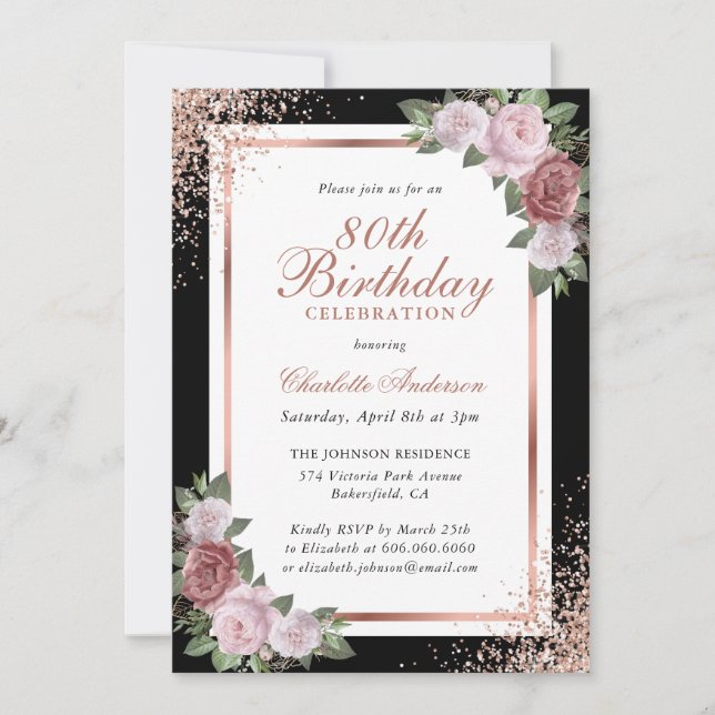 Invitation Roses roses roses roses noires d'or rose 80e anniv (Devant)