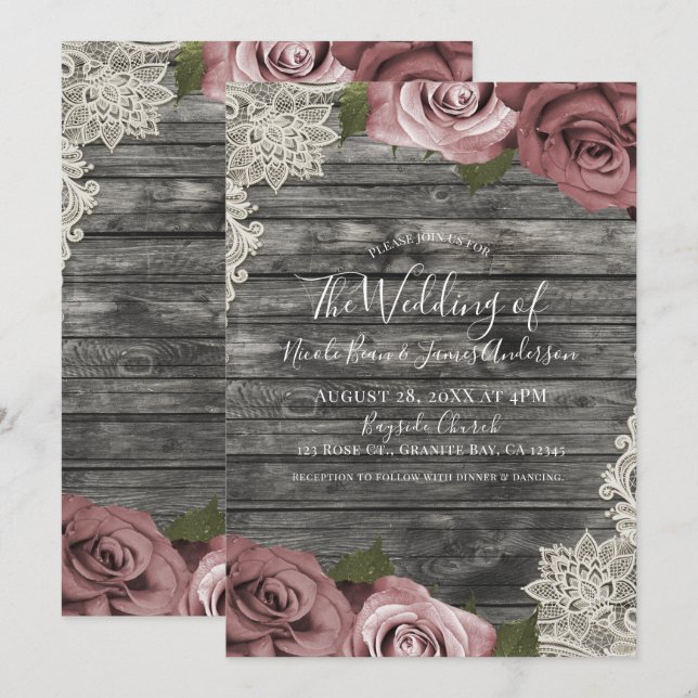 Invitation Roses Roses Roses Roses Roses Gris Mariage Dentell (Devant / Derrière)