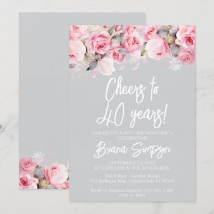 Invitation Roses roses roses sur fond floral gris pour les 40