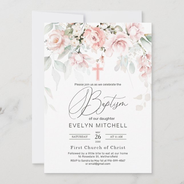 Invitation Roses roses roses Verdure Feuillage Croix Baptême (Devant)