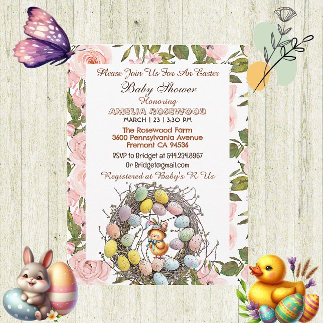 Invitation Roses roses roses Verdure OEufs de Pâques Ner Poul (Pink Roses Greenery Easter Eggs Nest Chick Floral Invitation)