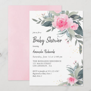 Invitation Roses roses roses vertes Fille Baby shower Invitat