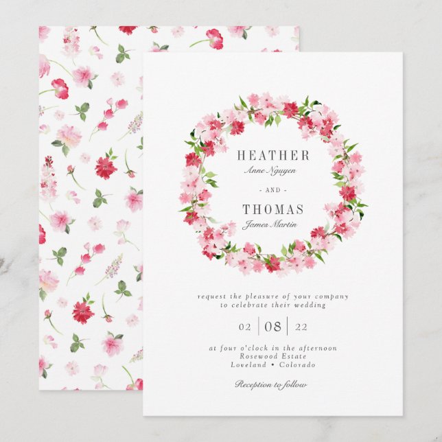 Invitation Roses roses rouges Aquarelle Mariage de couronne (Devant / Derrière)
