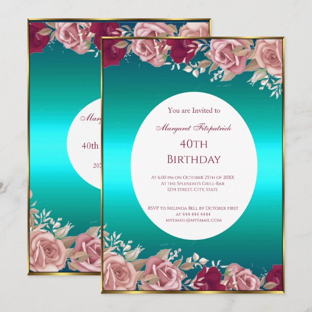 Invitation Roses roses rouges Turquoise Vert Blanc Anniversai (Devant / Derrière)