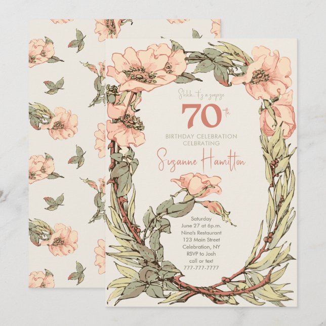 Invitation Roses roses surprennent Floral 70e anniversaire (Devant / Derrière)