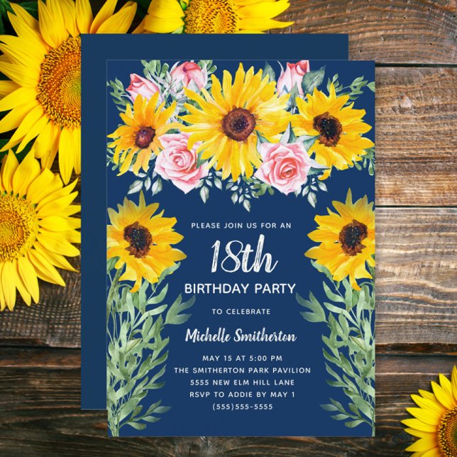 Invitation Roses roses Tournesols Bleu Marine 18e anniversair (Sunflowers and pink roses on navy blue custom 18th birthday party invitation)
