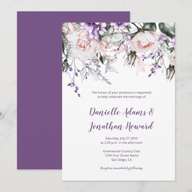 Invitation Roses roses violettes violet Fleur sauvage Mariage (Devant / Derrière)