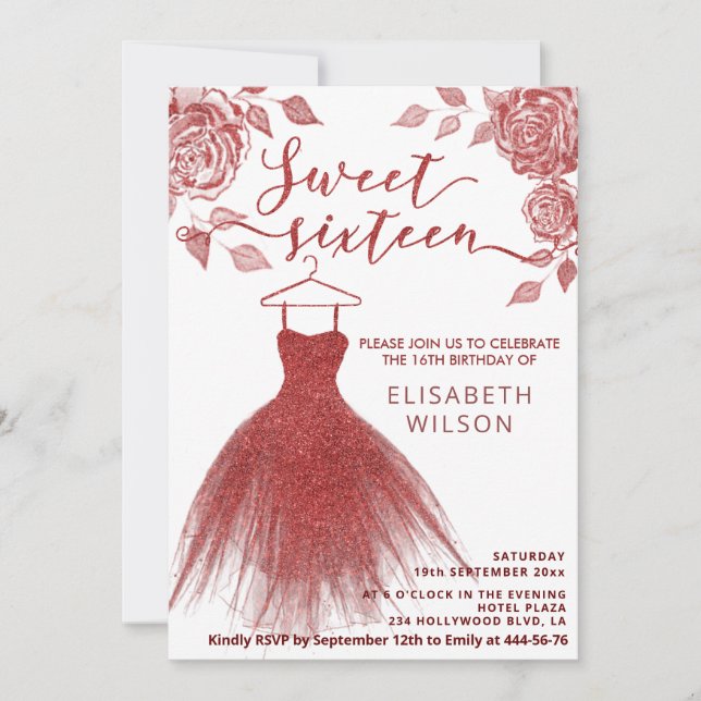 Invitation Roses rouges adorables robe rouge gliterie Invitat (Devant)
