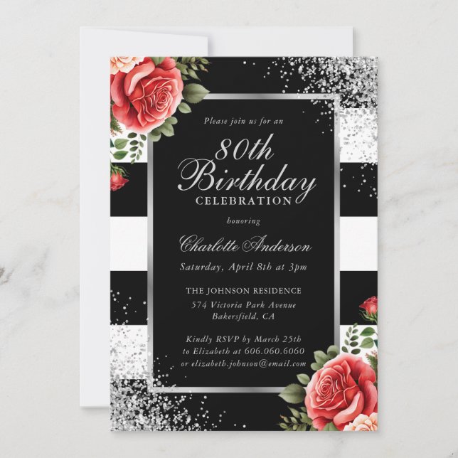 Invitation Roses Rouges Argent Noir Confetti 80e anniversaire (Devant)