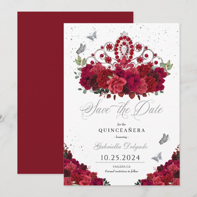 Invitation Roses Rouges & Argent Tiara Enregistrer La Date Qu (Devant / Derrière)