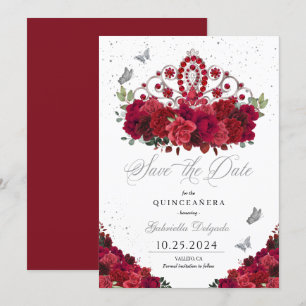 Invitation Roses Rouges & Argent Tiara Enregistrer La Date Qu