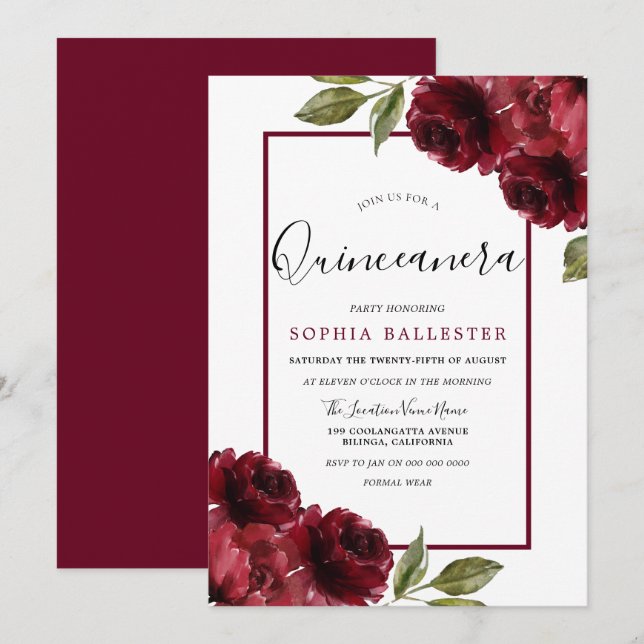 Invitation Roses rouges Bourgogne moderne Quinceanera Party (Devant / Derrière)