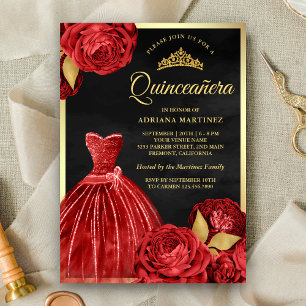 Invitation Roses rouges brillantes Quinceanera d'or noir