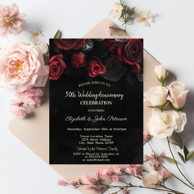 Invitation Roses Rouges Chic sur Mariage Anniversaire Noir (Créateur téléchargé)