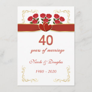 Invitation Roses rouges, coeur 40e anniversaire de Mariage