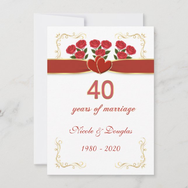 Invitation Roses rouges, cœurs 40e anniversaire de mariage (Devant)