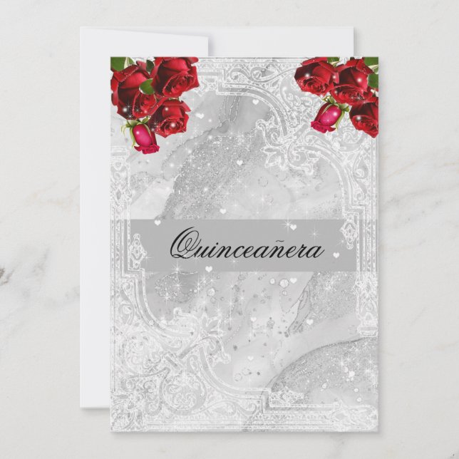 Invitation Roses rouges Coeurs dentelle blanche Stars Quincea (Devant)