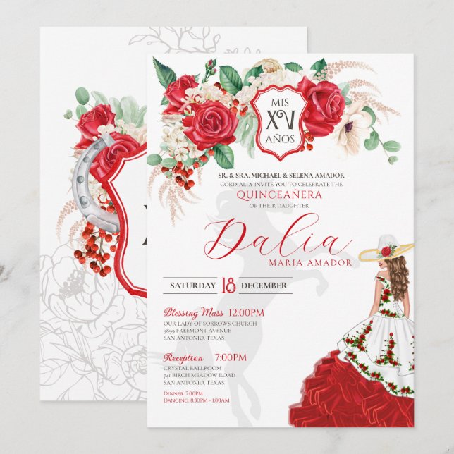 Invitation Roses Rouges Crest Floral Elégante Charra Quincean (Devant / Derrière)