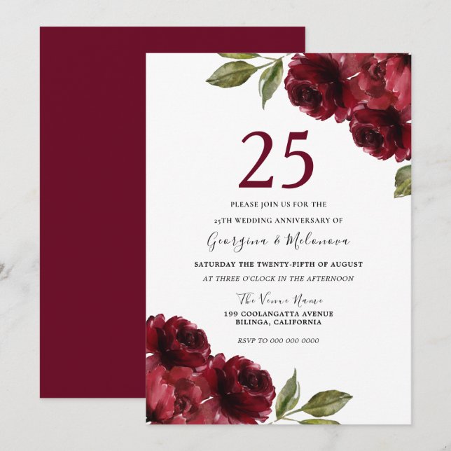 Invitation Roses rouges de Bourgogne 25e anniversaire de mari (Devant / Derrière)