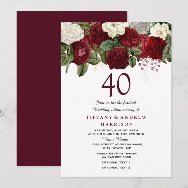 Invitation Roses rouges de Bourgogne 40e anniversaire de mari (Devant / Derrière)