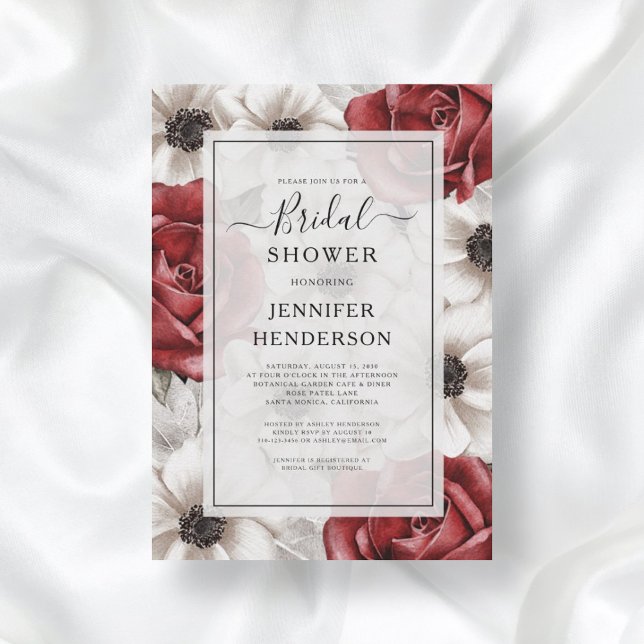 Invitation Roses rouges de Bourgogne Fête des mariées florale (Front Burgundy Red Roses Anemone Floral Bridal Shower Invitation)