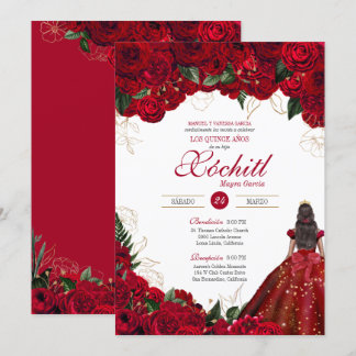 Invitation Roses Rouges Élégant Floral Belle Quinceanera