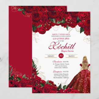 Invitation Roses rouges Elégant Floral Belle Quinceañera