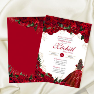 Invitation Roses Rouges Élégant Floral Belle Quinceanera