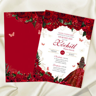 Invitation Roses rouges Elégante Florale & Papillon Quinceane