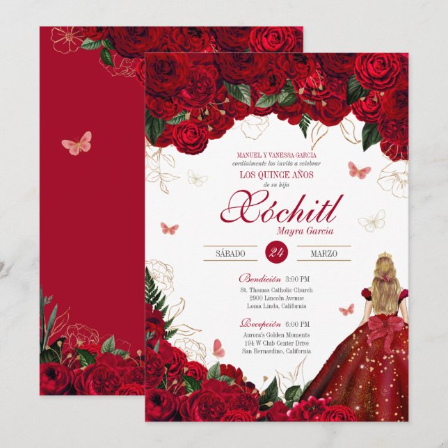 Invitation Roses rouges Elégante Florale & Papillon Quinceane (Devant / Derrière)