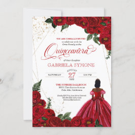Invitation Roses Rouges Élégante Gown Afrolatina Quinceanera