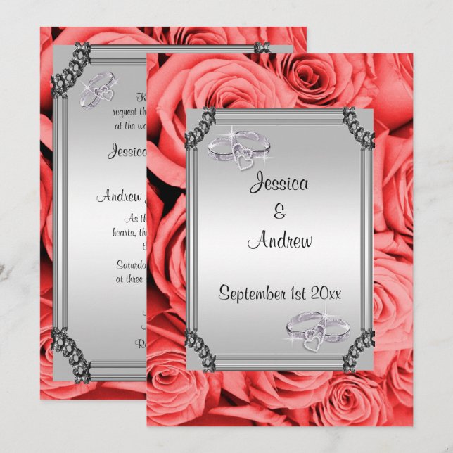 Invitation Roses rouges et anneaux de noces de diamant (Devant / Derrière)