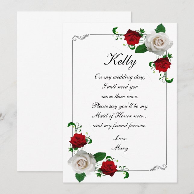 Invitation Roses rouges et blanches Mariage de Noël Maid Of H (Devant / Derrière)
