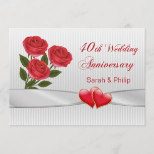 Invitation Roses rouges et cœurs pour 40 ans de mariage