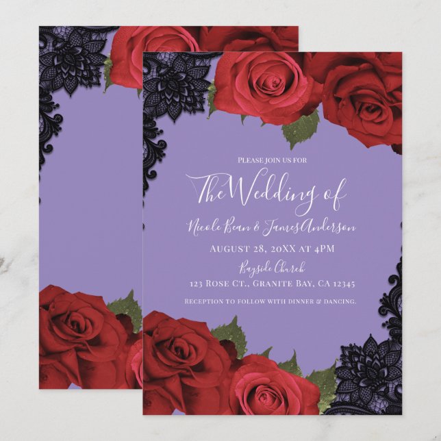 Invitation Roses rouges et dentelle noire Mariage chic violet (Devant / Derrière)